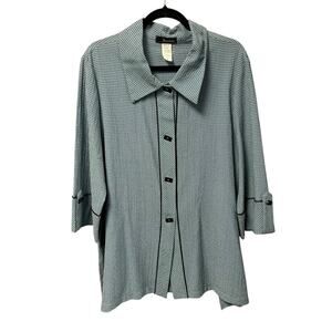 Vintage Moonlight Blue Black Button Up 3/4 Sleeve Collared Tunic Top Womens XL